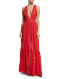Sleeveless Plunging V-Neck Tiered Maxi Dress, Flame