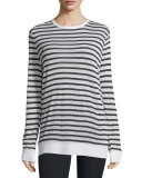 Long-Sleeve Striped Linen-Blend Top, Ink/Ivory