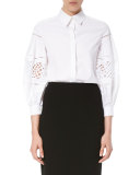 Crochet-Inset Balloon-Sleeve Blouse, White