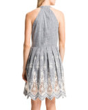 Judith Sleeveless Embroidered Pleated-Skirt Halter Dress