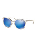 Mirrored Transparent Square Sunglasses, Clear/Teal
