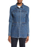 Snap-Front Long Denim Jacket, Natural Blue Vintage
