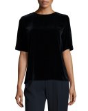 Half-Sleeve Jewel-Neck Velvet Tee, Blue