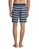 Striped Nylon Board Shorts, Navy Blue/White