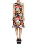 Floral-Jacquard Sleeveless Dress, Black/Multi