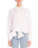 Asymmetric-Bow Long-Sleeve Blouse, White