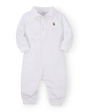 Long-Sleeve Pima Polo Coverall, White, Size 3-12 Months