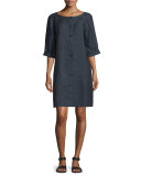 Organic Linen Button-Front Dress, Denim  