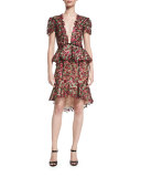 Julia Cornelia Floral-Lace V-Neck Dress, Red/Pink/Green