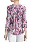 3/4-Sleeve Printed Pleated-Back Blouse, Pink Lemonade