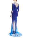 Long-Sleeve Sequined Illusion Gown, Electric