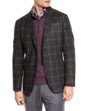 Windowpane Two-Button Silk Blazer, Dark Gray
