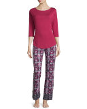 Clara Printed Wide-Leg Pants, Black/Deep Ruby 
