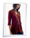 Shobah 3/4-Sleeve Embroidered Velvet Tunic, Rust