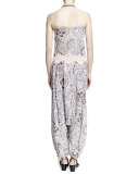 Strapless Paisley-Print Harem-Pant Jumpsuit, Lilac/Brown