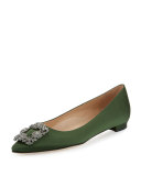 Hangisi Crystal-Buckle Satin Flat, Army Green