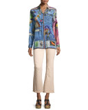 Postcard-Print Long-Sleeve Tunic, Blue