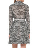 Ai-Print Long-Sleeve Belted A-Line Dress, Black/White