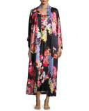 Mikado Floral-Print Satin Gown, Black
