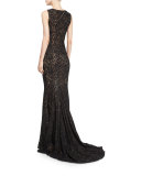 Lace Boat-Neck Sleeveless Gown, Black