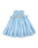 Sleeveless Floral-Trim Smocked Dress w/ Bows, Blue, Size 12-24 Months