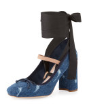 Denim Ankle-Wrap Mary Jane 85mm Pump, Bleu