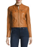 Dezra Leather Moto Jacket, Vintage Cognac