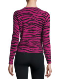 Cashmere Tiger-Print Crewneck Sweater, Pink/Multi