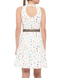 Boulder-Print Flounce-Hem Belted Dress, Cream