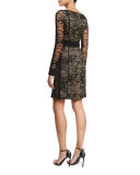 Long-Sleeve Lace Dress W/Piping, Noir