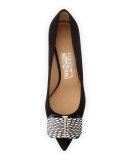 Mimi Snakeskin-Bow Suede Pump, Nero