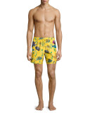 Moorea Moon Fish-Print Swim Trunks, Bouton D'or