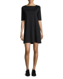 Half-Sleeve Bateau-Neck Jersey Shift Dress, Black