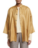 Sloped-Shoulder Linen Mandarin Jacket, Gold
