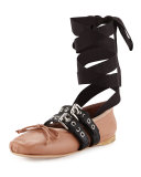 Belted Leather Ankle-Wrap Ballerina Flat, Cameo/Nero