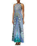 Sleeveless Beaded-Neck Geometric-Print Maxi Dress