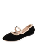 Rockstud Velvet Ballerina Flat, Nero
