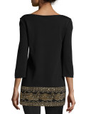 Sequined Boat-Neck 3/4-Sleeve Tunic, Caviar