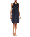 Sleeveless Linen-Stretch Lantern Dress, Navy, Plus Size