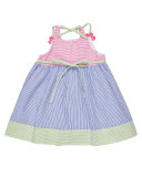 Sleeveless Striped Seersucker Flamingo Dress, Multicolor, Size 2-6