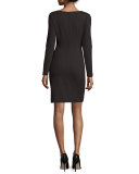 Long-Sleeve V-Neck Ponte Zipper Sheath Dress 