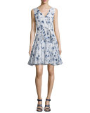 Silk Fit-and-Flare Meteor-Print Dress, Indigo/Sea Salt