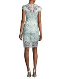 Cap-Sleeve Damask Cocktail Sheath Dress, Aqua