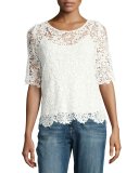 Colleen Floral Lace Half-Sleeve Top, White
