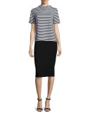 Stand-Collar Striped Short-Sleeve Top, Black 