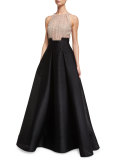 Sleeveless Embellished Ball Gown, Black/Nude