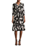 3/4-sleeve smocked silk posy dress, black