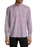 Plaid Long-Sleeve Sport Shirt, Burgundy/White/Blue
