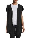 Open-Front Suede Poncho W/Fringe, Black