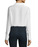 Ruffle-Cuff Silk Blouse, Blanc